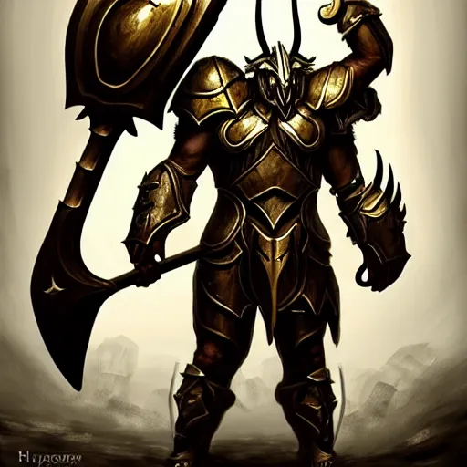 Prompt: Giant minotaur humanoid beast warrior with two handed axe, horned helmet, concept art, heavy white and golden armor, giant horns, portrait, dungeons and dragons, hyperrealism, high details, digital painting, dark fantasy