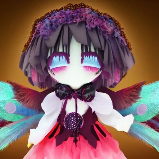 Prompt: cute fumo plush of a divine angel, gothic maiden, ribbons and flowers, ruffled wings, feathers raining, particle simulation, clouds, vray, outline glow lens flare