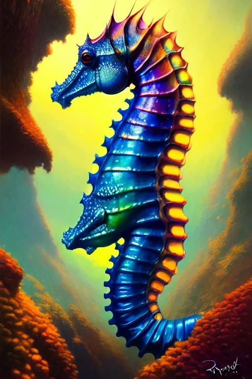 Image similar to highly detailed portrait of rainbow seahorse, stephen bliss, unreal engine, fantasy art by greg rutkowski, rhads, ferdinand knab, makoto shinkai and lois van baarle, ilya kuvshinov, rossdraws, tom bagshaw, global illumination, radiant light, yellow blue theme, coral reef