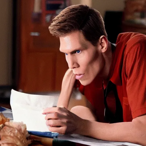 Image similar to Live Action Still of Jerma in Back to School, real life, hyperrealistic, ultra realistic, realistic, highly detailed, epic, HD quality, 8k resolution, body and headshot, film still