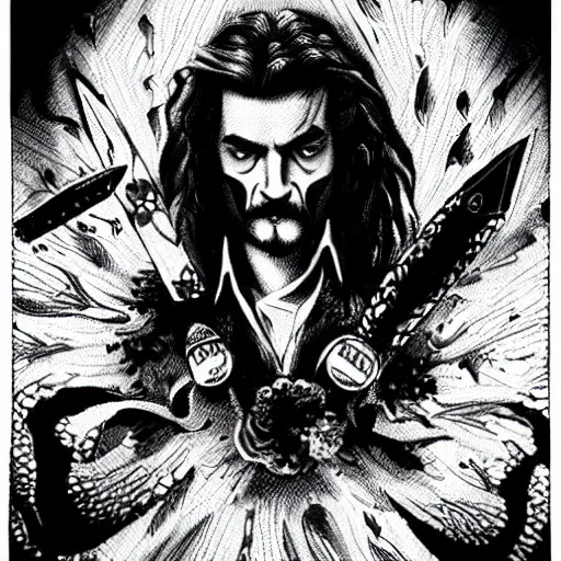 Image similar to black and white pen and ink!!!! Twin Peaks Black Lodge goetic young Frank Zappa x handsome Kyle Maclachlan golden!!!! Vagabond!!!! floating magic swordsman!!!! glides through a beautiful!!!!!!! floral!! battlefield dramatic esoteric!!!!!! pen and ink!!!!! illustrated in high detail!!!!!!!! by Koyoharu Gotouge and Hiroya Oku!!!!!!!!! graphic novel published on 2049 award winning!!!! full body portrait!!!!! action exposition manga panel black and white Shonen Jump issue by David Lynch eraserhead and Frank Miller beautiful line art Hirohiko Araki