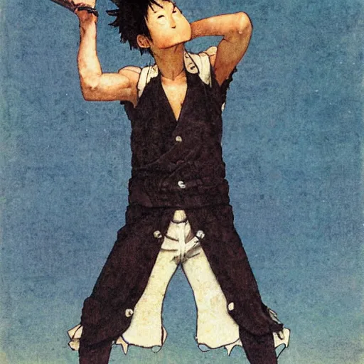 Prompt: A young Japanese man using a pirate one piece outfit, art by Norman Rockwell