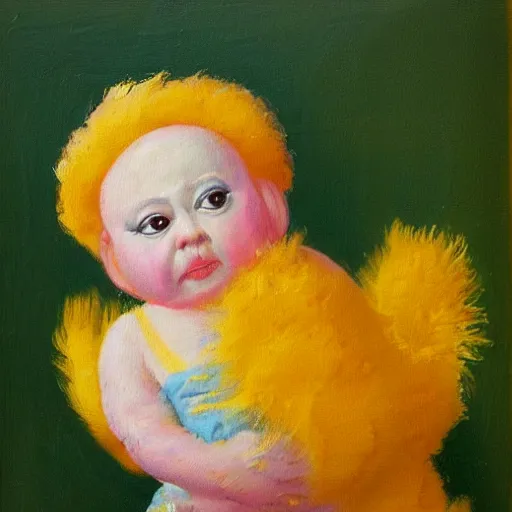 Prompt: impasto painting of a glowing kewpie doll that looks like Big Bird, painted in the style of Watteau with sad minion eyes