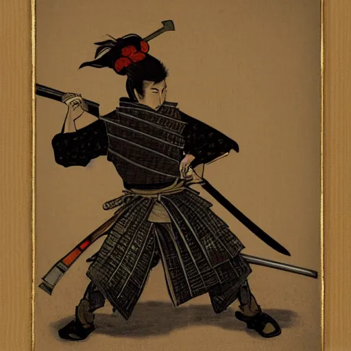 Prompt: a samurai holding his sword with two hands, by edgar allen poe