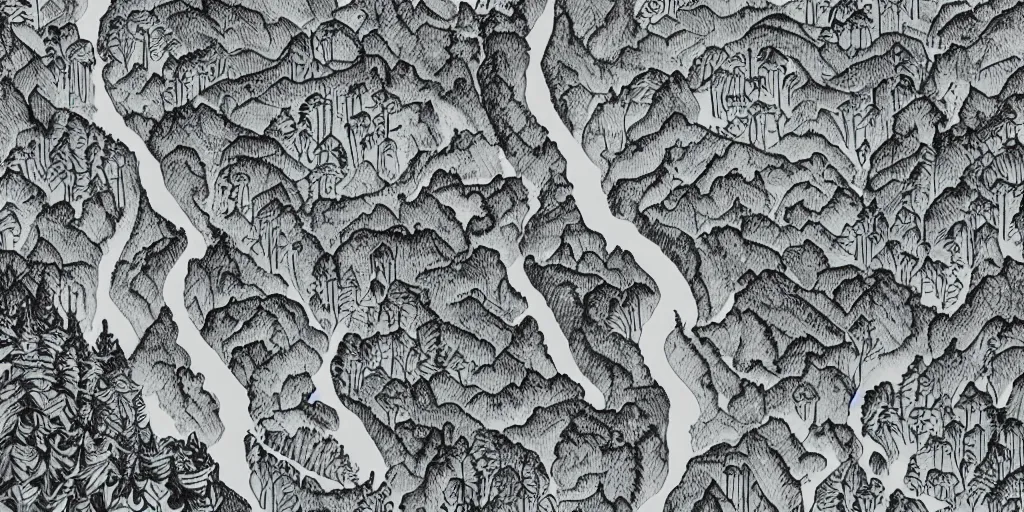 Image similar to A detailed hand drawn map of the forest with mountains and rivers
