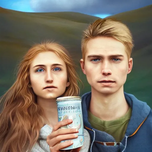 Image similar to a highly detailed side portrait of a young couple from the side, holding a tin can, remote icelandic village, summer, jeans and t shirt, blonde hair, muted colors, by tom bagshaw, trending on artstation,