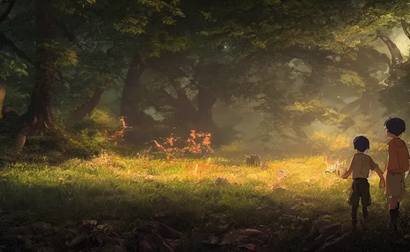 Image similar to a film still Grave of the fire flies, medium shot, waist up, studio Ghibli, Pixar and Disney animation, sharp, Rendered in Unreal Engine 5, anime key art by Greg Rutkowski, Bloom, dramatic lighting