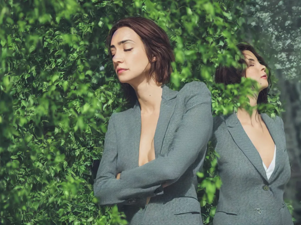 Prompt: woman thinking, close up, head tilted, wearing business suit, portrait pose, beside window, green foliage in background, bokeh, backlighting, stock photo, 4k, octane render, photorealistic
