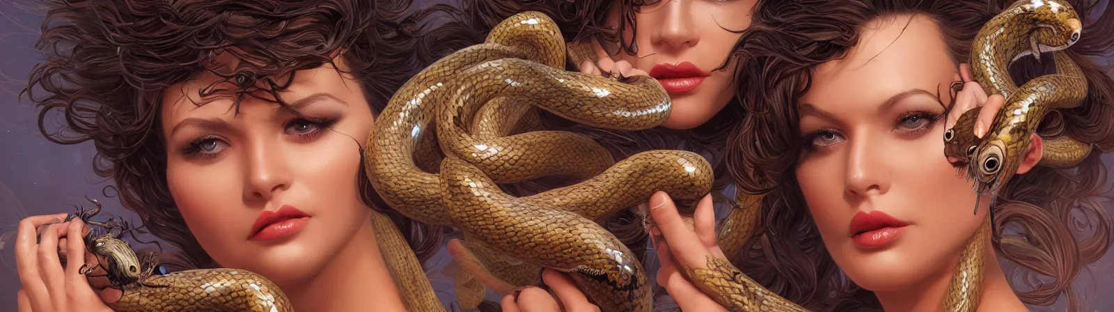 Image similar to beauty woman with snakes for hair, detailed face, surrounded by spiders, very detailed, dramatic lighting, electrical details, high details, 4k, 8k, trending on artstation, by Hajime Sorayama and Boris Vallejo