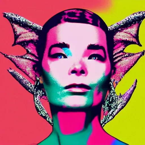 Prompt: a dragon inspired by bjork photographed by andy warhol