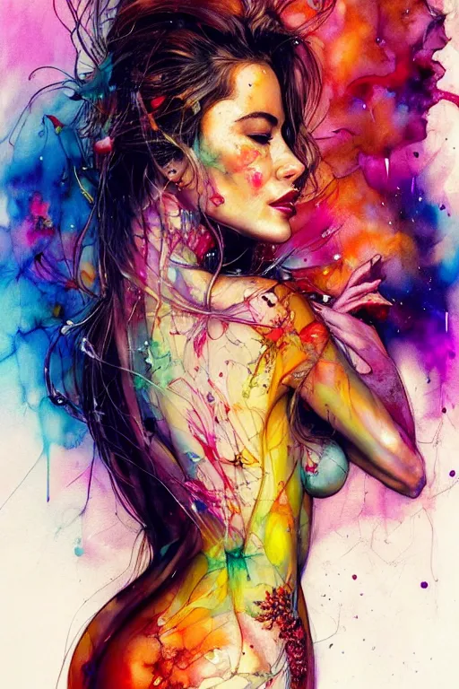 Image similar to sophia vergara by patrice murciano and agnes cecile and enki bilal moebius, intricated details, 3 / 4 back view, bendover posture, full body portrait, extremely luminous bright design, pastel colours, drips, autumn lights