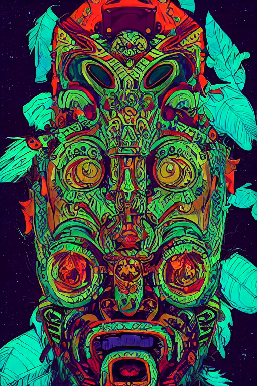 Image similar to totem animal tribal chaman vodoo mask feather gemstone plant video game illustration vivid color borderlands and by feng zhu and loish and laurie greasley, victo ngai, andreas rocha, john harris radiating a glowing aura