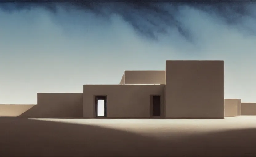Prompt: painting of a wide angle exterior shot of a white modern architecture in the middle of desert with cinematic lighting by peter zumthor, darek zabrocki and greg ruthkowski, alphonse mucha, simon stalenhag and cinematic and blue cold atmospheric, archillect concept art, artstation, trending on artstation