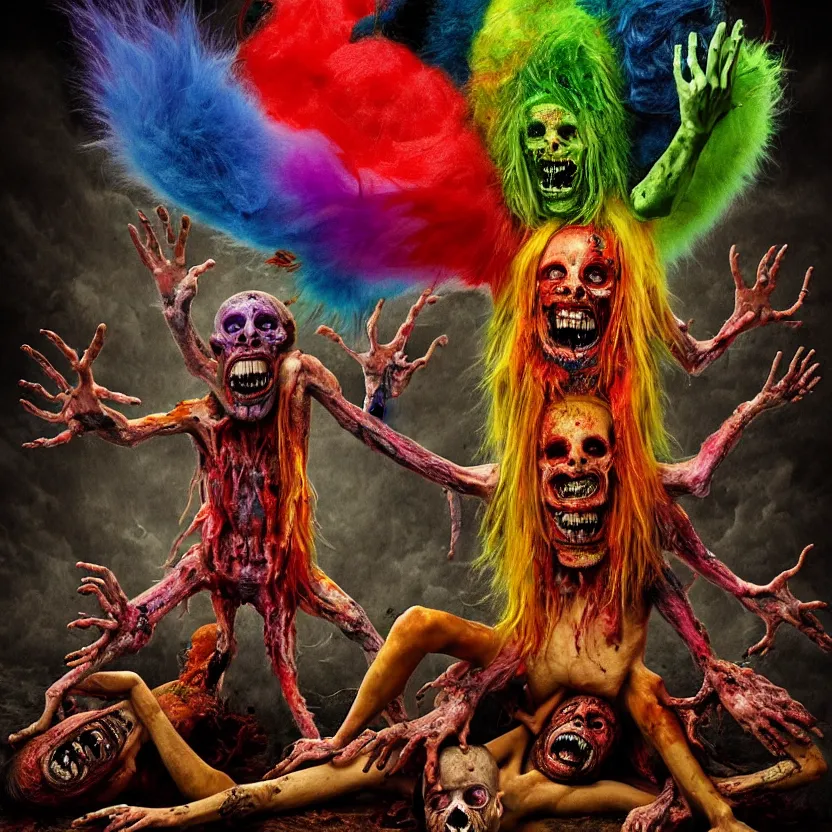 Prompt: a beautiful, colorful, flesh - eating, whimsical demon with rainbow fur, seven arms, seven legs, three heads, eating a screaming priest, standing on a pile of corpses, by alexandro judorowski and david cronenberg, fear, morbid, nightmare, supernatural, 8 k, digital art, highly detailed, chiaroscuro, creepy, terrifying