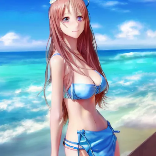 Image similar to a very beautiful mature yuuki asuna, full body, long wavy blond hair, sky blue eyes, full round face, bikini, miniskirt, front view, mid - shot, cute pose, highly detailed, cinematic wallpaper by stanley artgerm lau