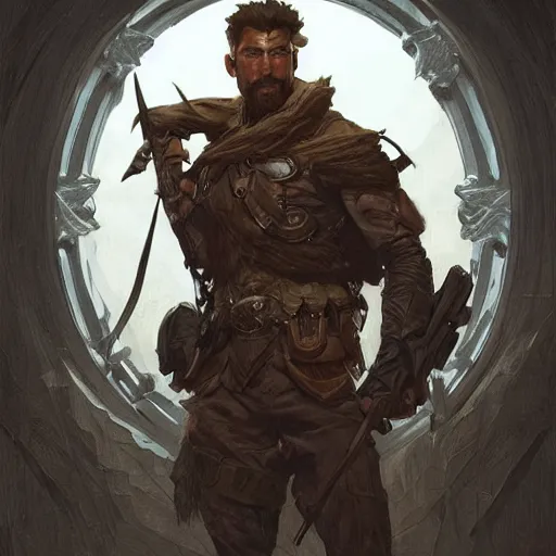 Image similar to portrait of rugged male ranger d & d muscular fantasy intricate elegant highly detailed digital painting artstation concept art smooth sharp focus illustration art by artgerm and greg rutkowski and alphonse mucha