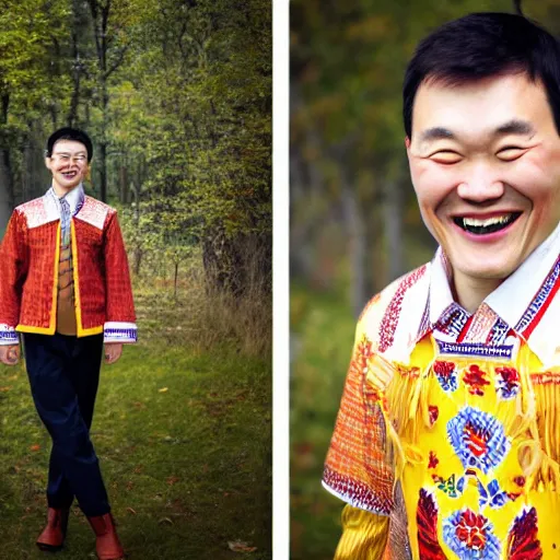 Image similar to photography of smiling kim chen in. kim chen in is wearing traditional - ukrainian shirt designed by taras shevchenko.