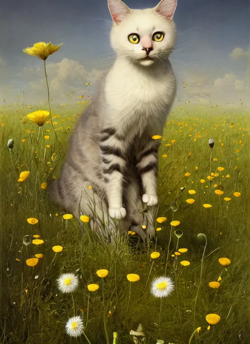 Image similar to the cat in the meadow from flowers : dandelions, poppy, tulip, chamomile, hyperrealism, no blur, 4 k resolution, ultra detailed, style of ivan shishkin, tyler edlin, tom bagshaw, arthur rackham,