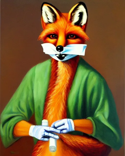 Prompt: oil painting portrait of anthropomorphic female fox animal dressed in doctor's coat, surgical mask covering mouth, holding syringe, fox animal, hospital in background, oil painting,