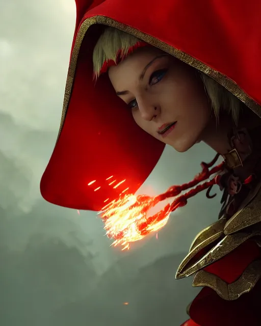 Image similar to close up character portrait of a female elf priest in a scale mail and a red cape casting a fire spell in a shape of a dragon, by greg rutkowski, trending on artstation, unreal engine 4 k, 8 0 mm, 8 5 mm, cinematic wallpaper