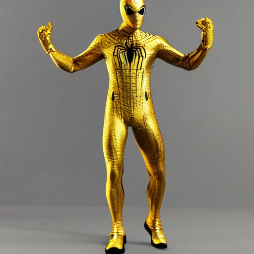 Image similar to gold spider - man suit with black web lining, cinematic, volumetric lighting, realistic, hyperdetailed, photorealistic, photograph