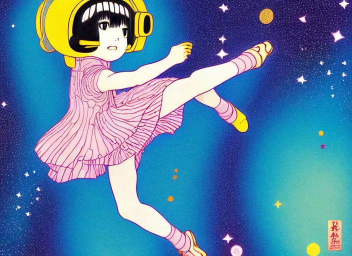 Prompt: full body portrait of a young girl dancing in space,Katsura Masakazu,Hiroyuki Imaishi,Studio Trigger,gustav klimt, kawaii, manga,beautiful, 35mm lens,gradation,loish,vibrant, rule of thirds, Ilya Kuvshinov, Kyoto Animation,Mucha,Murata Range, fine detail