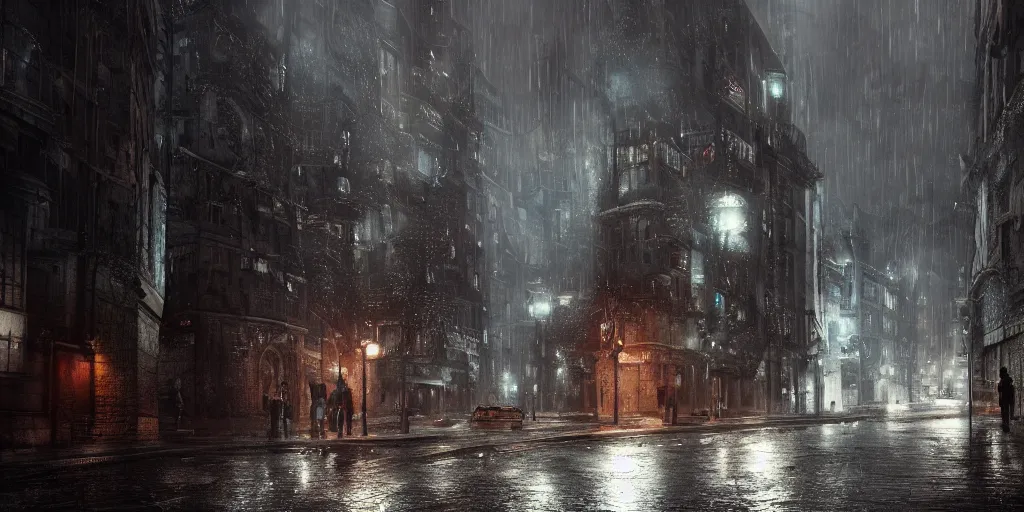 Image similar to a cold and melancholic city in a dark cavern, rainy and gloomy atmosphere, fantasy digital art, octane render, beautiful composition, trending on artstation, award - winning photograph, masterpiece