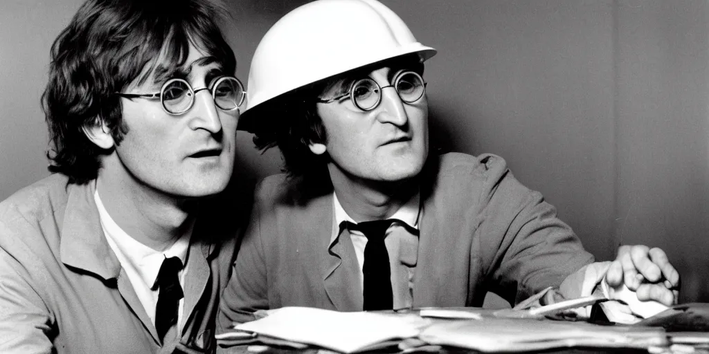 Image similar to John Lennon asa scientist working on a ufo, black & white photograph