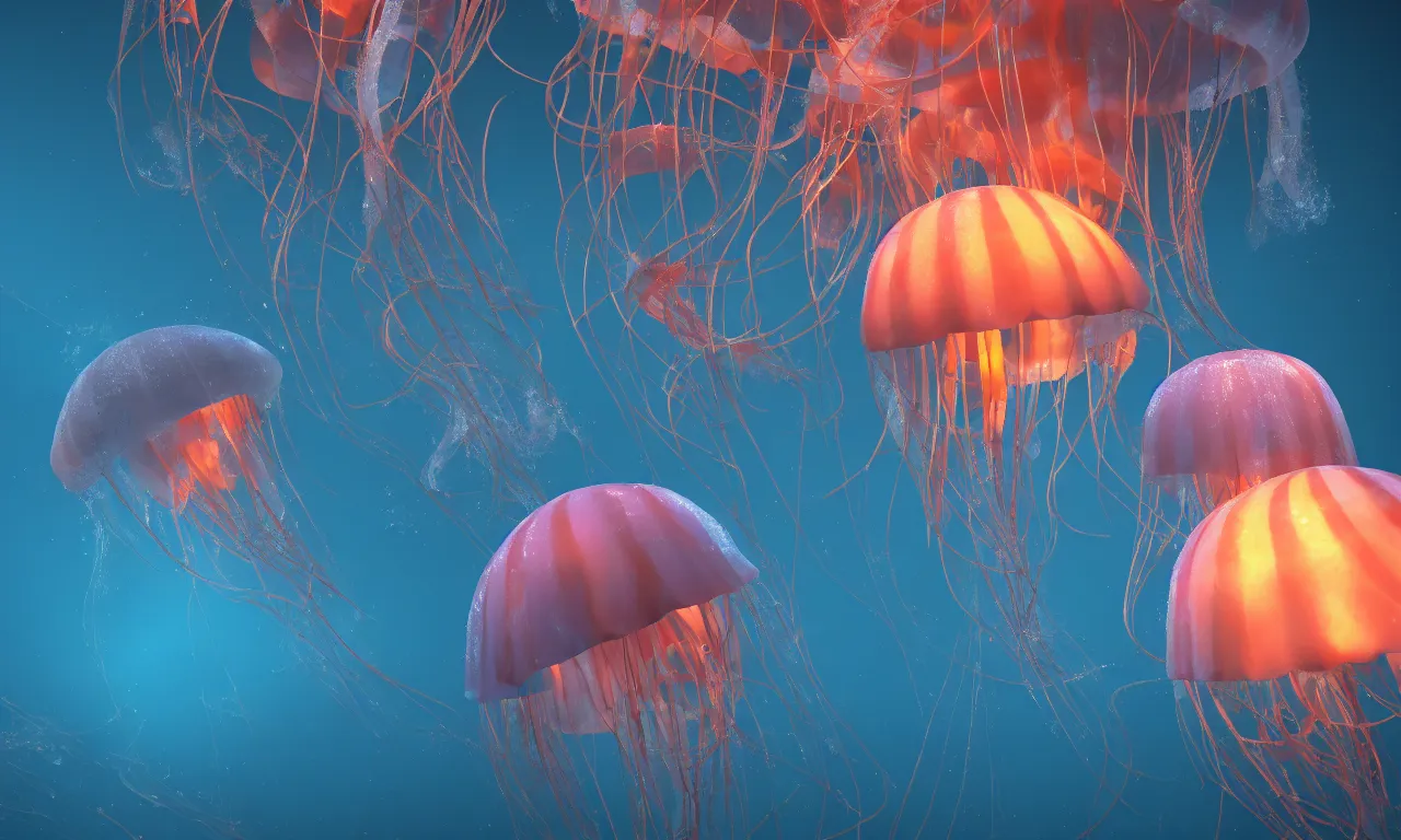 Prompt: Jellyfish swims in the dark sea, trending on artstation, octane render, 8K