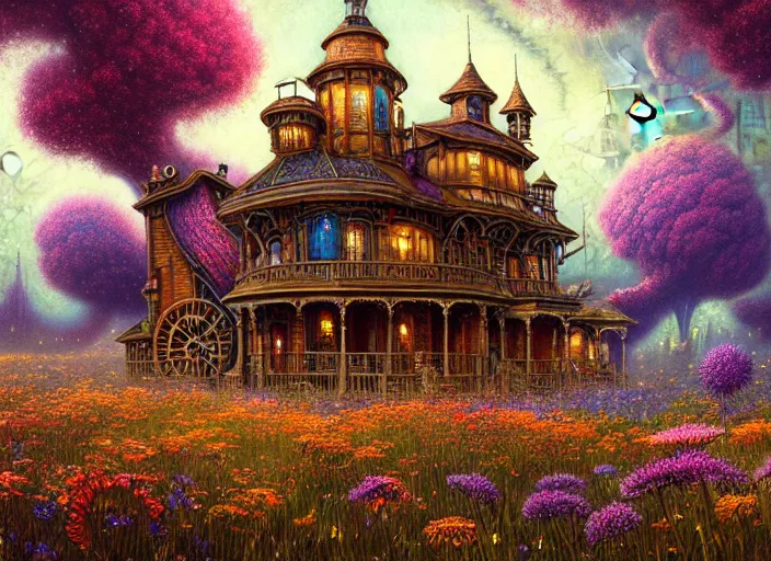 Image similar to a beautiful painting of a large steampunk house shrouded by mystic nebula magic in a field of flowers by moebius and android jones, oil on canvas sharp, details, hyper - detailed, hd, hdr, 4 k, 8 k