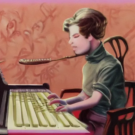 Prompt: highly detailed matte painting of gen z russian playing a pink keyboard with a cup of tea, realistic,