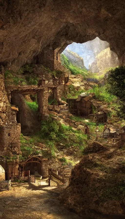 Prompt: a medieval village inside a cave near a cave river, photorealistic, 8k, high detail, high quality, dramatic lighting, HDR