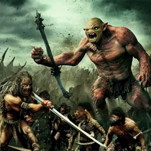 Image similar to clash of two armies, battle, orcs against gollum - faced humans