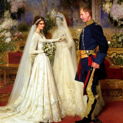 Prompt: the official painting of prince william and bella hadid's royal wedding, showing the skill of artists gaston bussiere, craig mullins, j. c. leyendecker 8 k, watercolor, royal painting, painting, traditional art, royal wedding