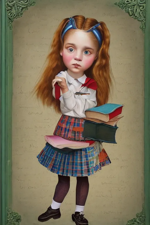 Image similar to cute little school girl with books, lowbrow, matte painting, 3 d highly detailed, in the style of mark ryden