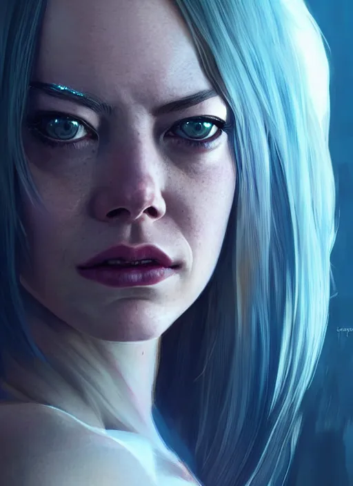 Prompt: portrait of Emma Stone as an actress character in Cyberpunk 2077, looking at camera, intricate, long blond hair, elegant, sci-fi, extremely detailed, digital painting, artstation, concept art, smooth, sharp focus, illustration, ambient lighting, incredible art by artgerm and greg rutkowski and alphonse mucha and simon stalenhag