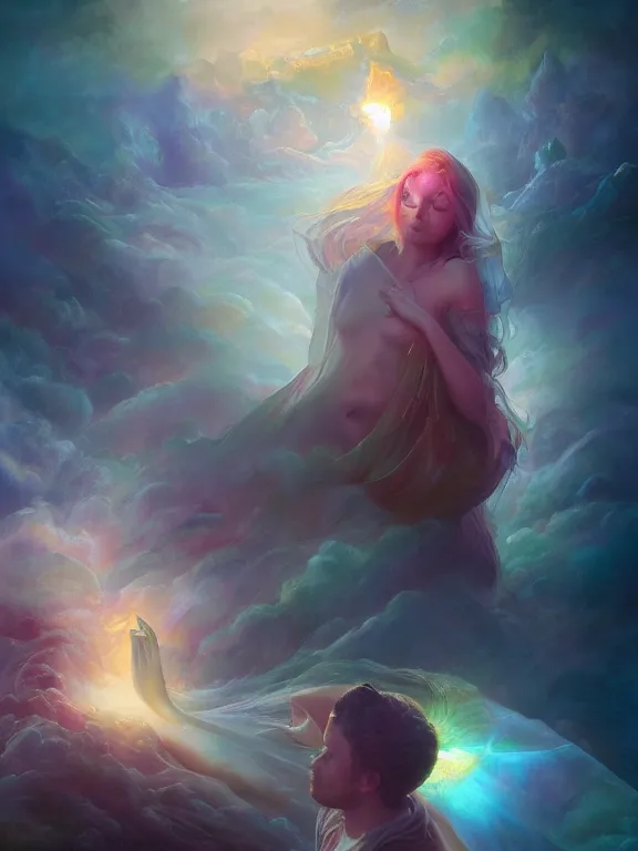 Prompt: a ultradetailed beautiful matte painting of a prismatic crystal absorbing the wonderful colors of the emotion around it to open the dream, oil painting, high resolution 4 k, by tom bagshaw, greg rutkowski, charlie bowater and artgeem