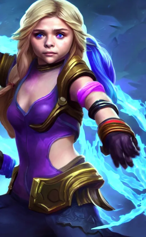 Image similar to Chloë Grace Moretz as a character in the game League of Legends, with a background based on the game League of Legends, detailed face, old 3d graphics