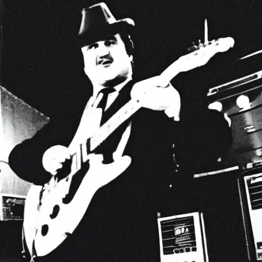 Prompt: john belushi wearing a black suit and black necktie and black fedora playing electric guitar in a darkened nightclub, 3 5 mm film still from 1 9 8 1, grainy.