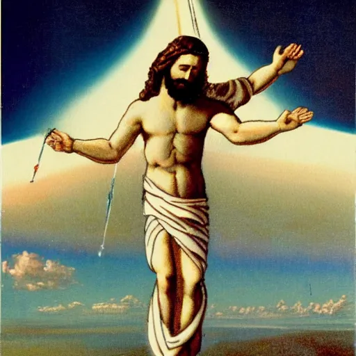 Image similar to jesus on a cross being launched into space