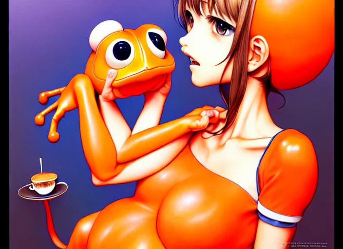 Prompt: a French girl in a café with a giant orange frog. insanely and epically detailed supreme-quality color ink pen artwork, amazingly composed image, illustrated by Range Murata and Artgerm and Stanley Law.