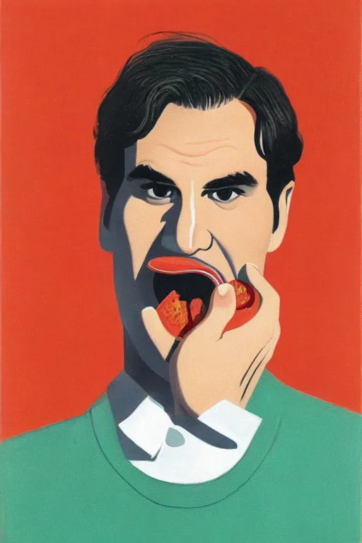 Prompt: roger federer eating a hamburger by rene magritte