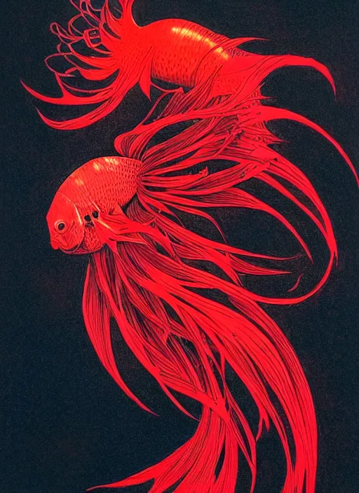 Prompt: red betta fish by james jean and frank frazetta + black paper with intricate and vibrant blue line work + tarot card + mandelbulb fractal + full of golden layers + portrait + trending on artstation + incredible black and red gothic illustration + exquisite detail, minimal