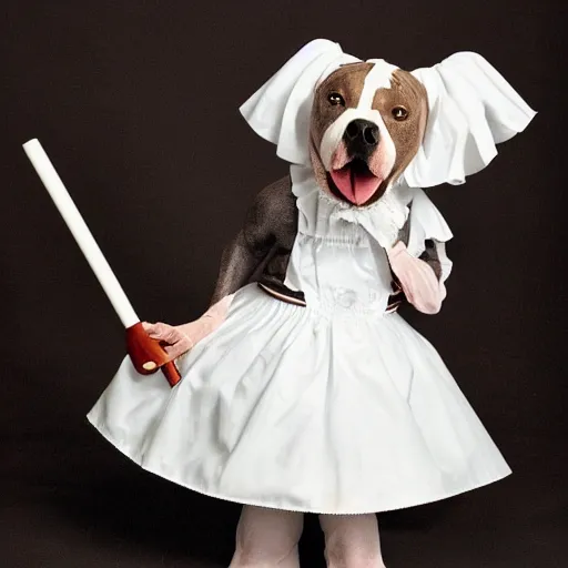 Prompt: a pit bull wearing a maid costume