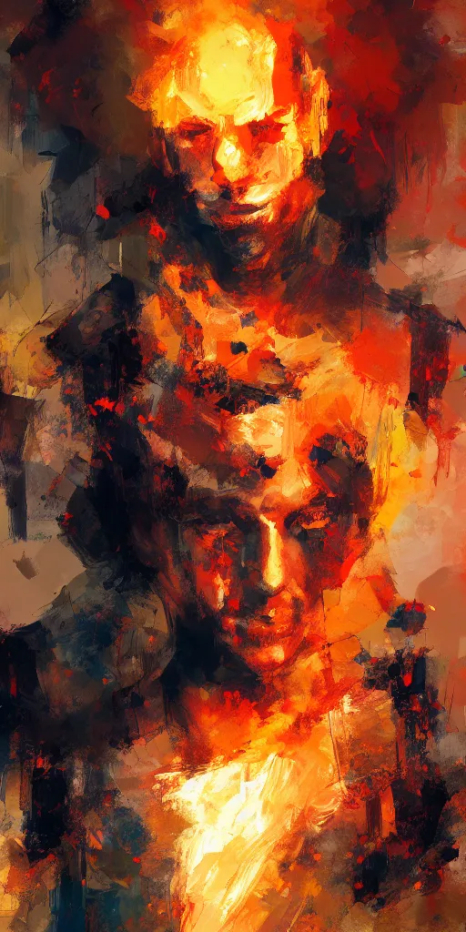 Prompt: abstract painting of man on fire, by craig mullins, featured on artstation. Portrait.