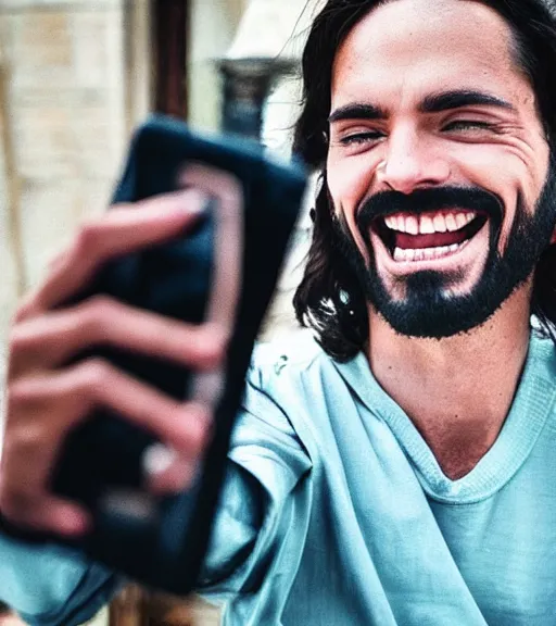 Prompt: Jesus taking a selfie. He is laughing because see a meme.no letters, Professional photo