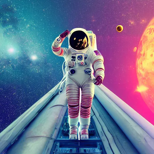 Image similar to A wide angle shot from below of a female astronaut with a feminine body walking with swagger towards camera on mars in an infinite universe , synthwave digital art