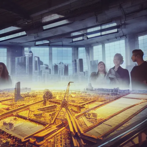 Image similar to large group people in open warehouse, looking at hologram of futuristic city on a table, cinematic concept art, godrays, golden hour, natural sunlight, 4 k, clear details, tabletop model buildings, tabletop model, hologram center, crane shot, crane shot, crane shot