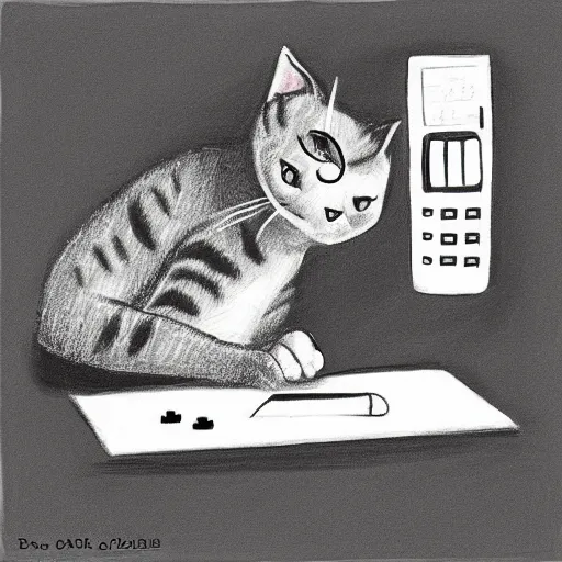 Prompt: “Calart drawing of a cat holding a calculator and doing taxes while crying”