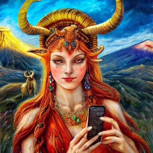 Prompt: horned ram goddess by josephine wall, checking her cell phone, erupting volcano and sunset in distance, flowers in foreground, trending on artstation, by senior concept artist, fantasy, zodiac, 8 k